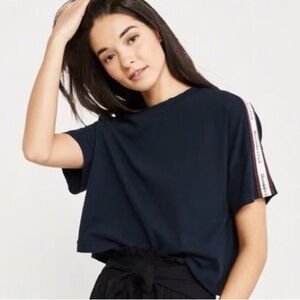 Abercrombie & Fitch Navy Blue Logo Tape Cotton Cropped T-Shirt, Size Small